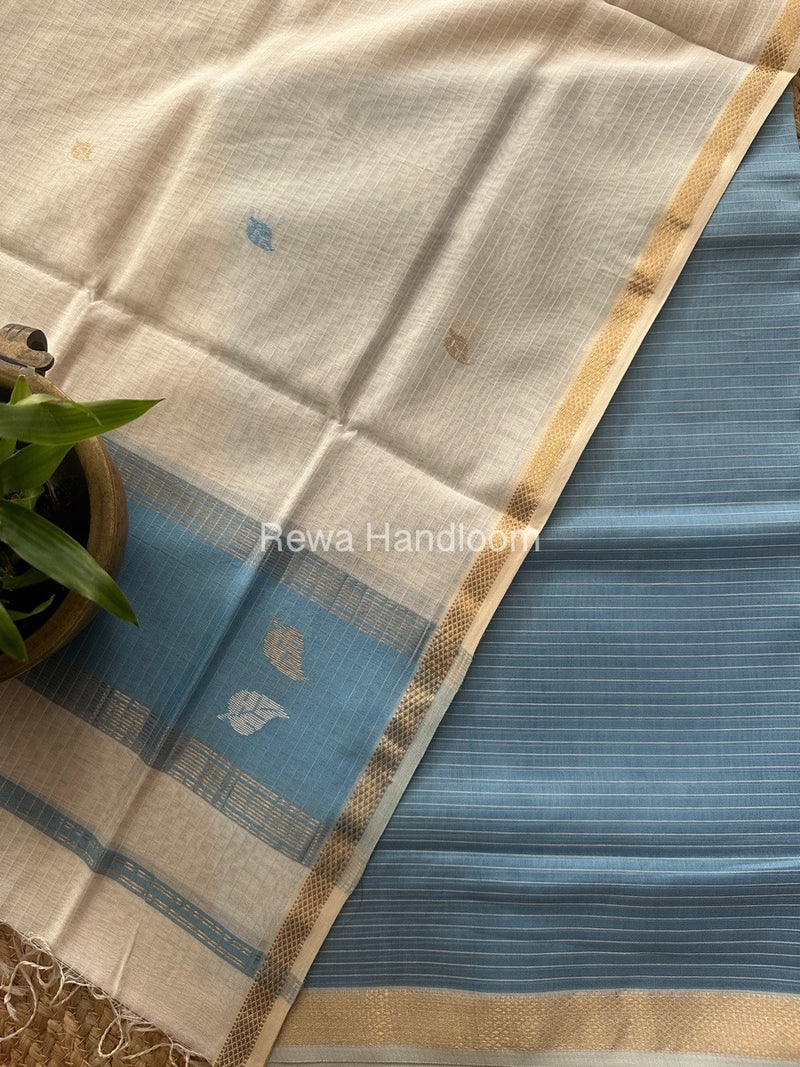 Maheshwari Sky Blue-White Patti Butti Top-Dupatta Set MS076