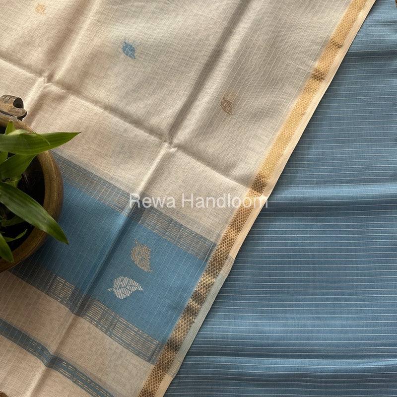 Maheshwari Sky Blue-White Patti Butti Top-Dupatta Set MS076