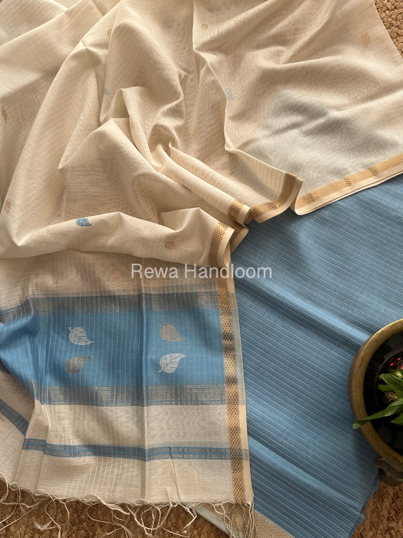 Maheshwari Sky Blue-White Patti Butti Top-Dupatta Set MS076