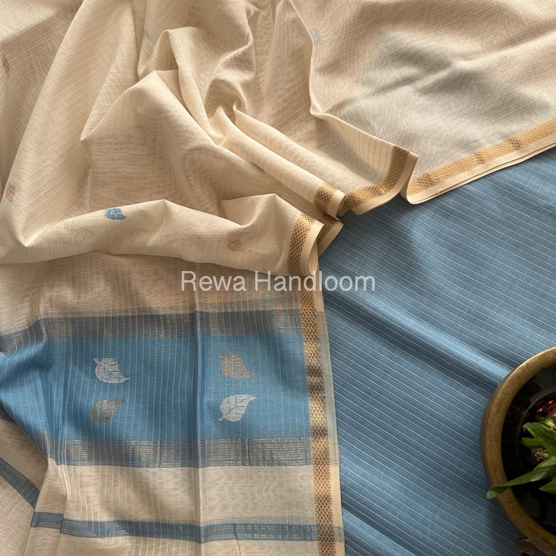 Maheshwari Sky Blue-White Patti Butti Top-Dupatta Set MS076