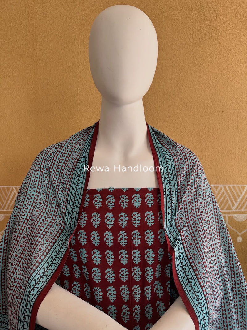 Maroon-Sky Blue Bagh Print Cotton Suit BGCSJ0158