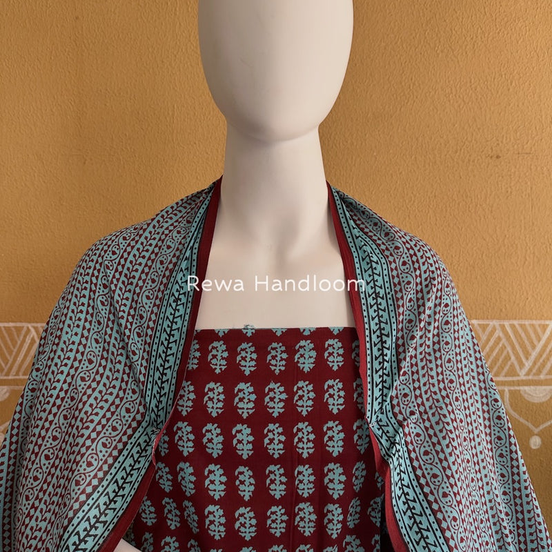 Maroon-Sky Blue Bagh Print Cotton Suit BGCSJ0158