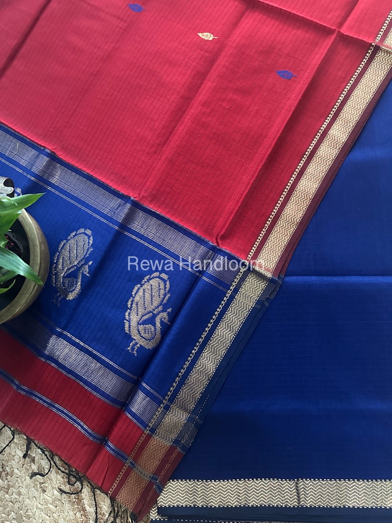 Maheshwari Blue-Red Motifs Top-Dupatta Set MS0113
