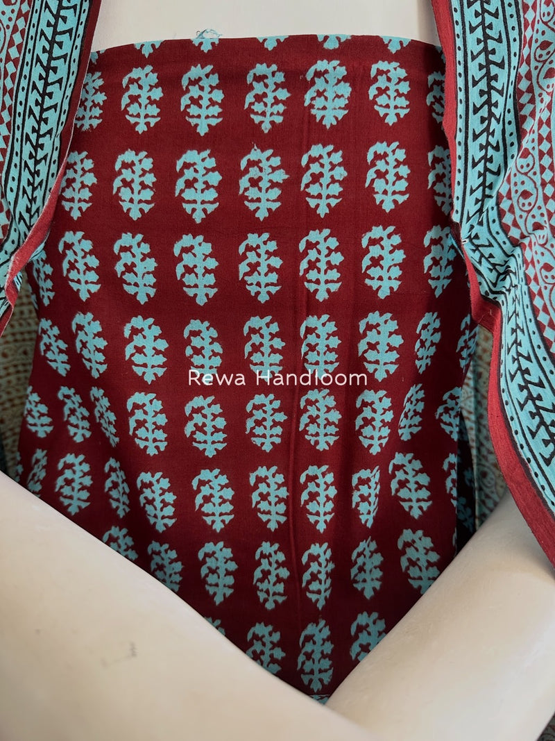 Maroon-Sky Blue Bagh Print Cotton Suit BGCSJ0158