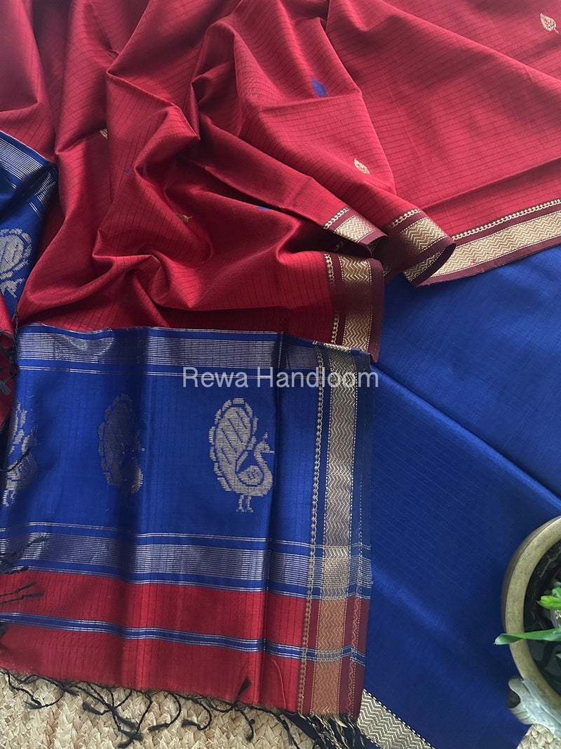 Maheshwari Blue-Red Motifs Top-Dupatta Set MS0113