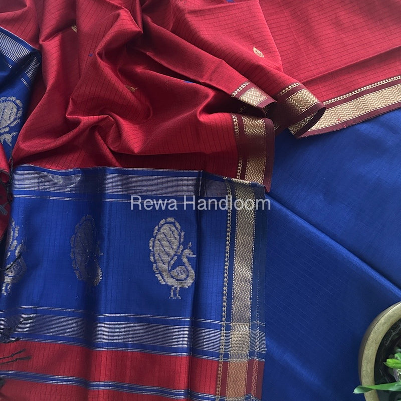 Maheshwari Blue-Red Motifs Top-Dupatta Set MS0113