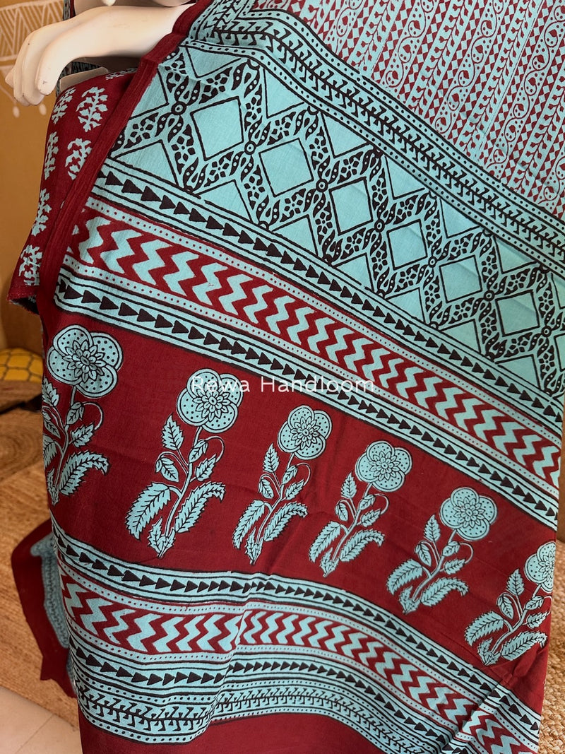 Maroon-Sky Blue Bagh Print Cotton Suit BGCSJ0158