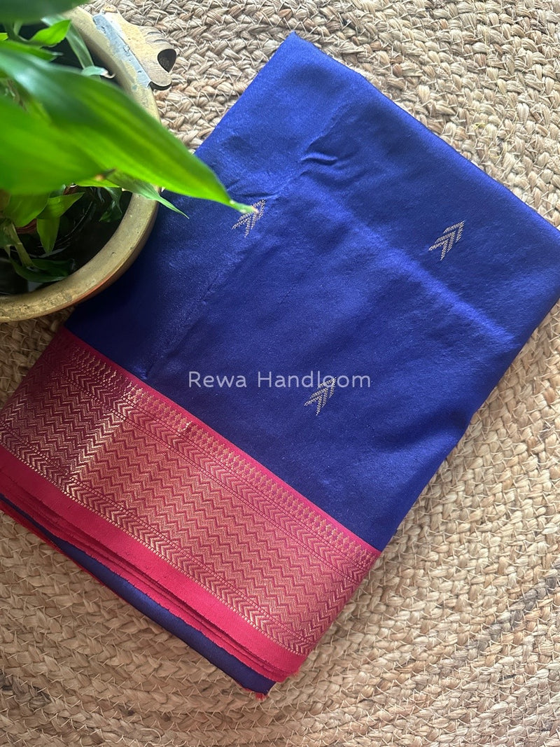 Maheshwari Navy Blue-Red Pure Silk Saree PS029