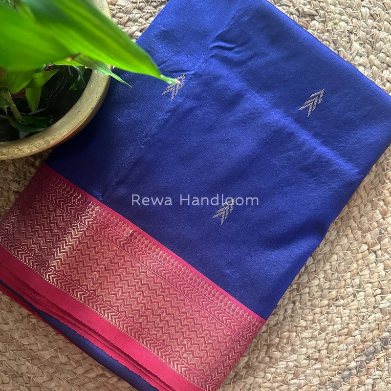 Maheshwari Navy Blue-Red Pure Silk Saree PS029