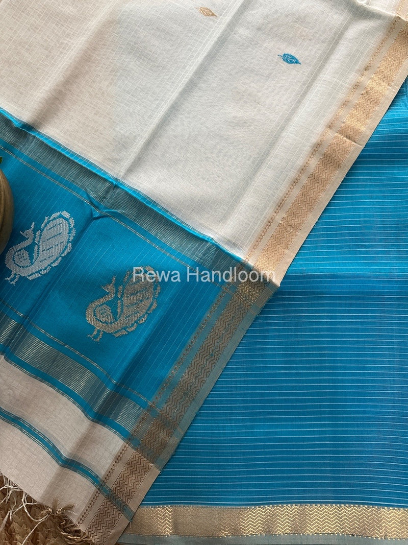 Maheshwari Sky Blue-White Motifs Top-Dupatta Set MS0111