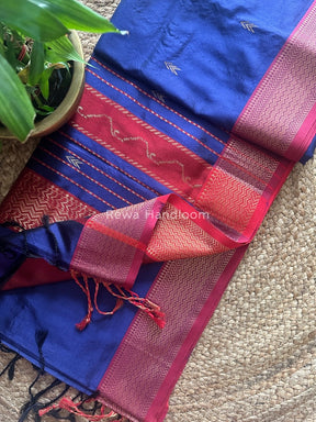 Maheshwari Navy Blue-Red Pure Silk Saree PS029