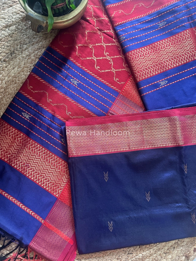 Maheshwari Navy Blue-Red Pure Silk Saree PS029