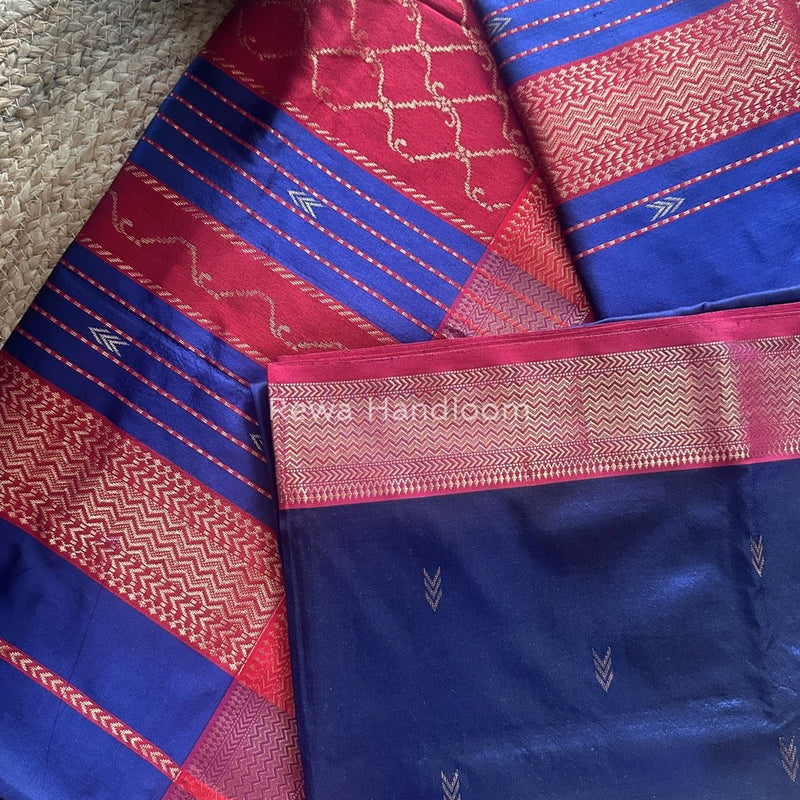 Maheshwari Navy Blue-Red Pure Silk Saree PS029