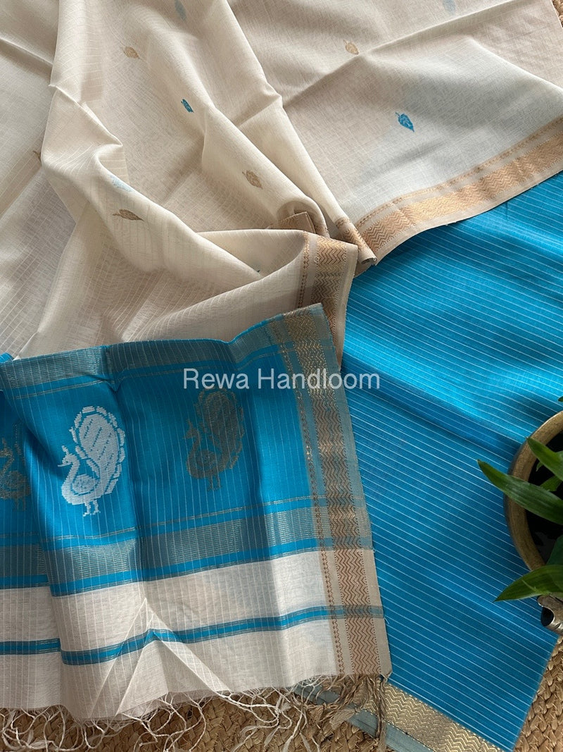 Maheshwari Sky Blue-White Motifs Top-Dupatta Set MS0111