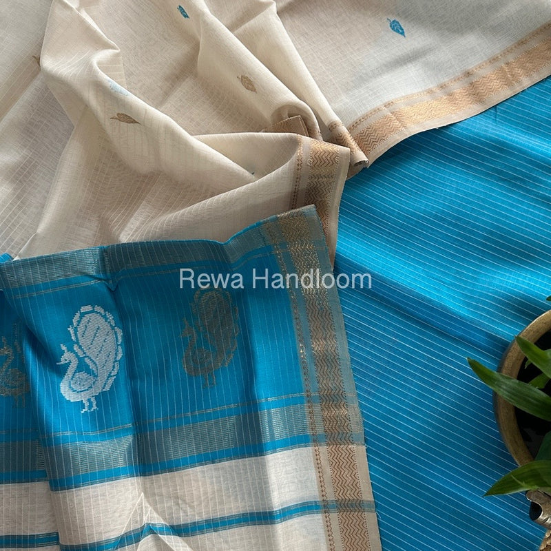 Maheshwari Sky Blue-White Motifs Top-Dupatta Set MS0111