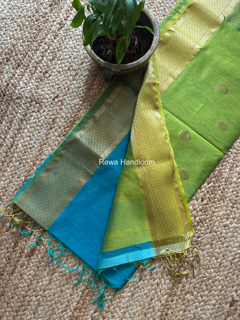 Ferozi Coin Butta Pallu Zari Border Saree ~ Maheshwari Saree SBS-022