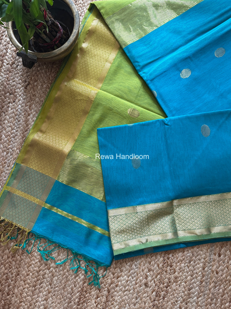 Ferozi Coin Butta Pallu Zari Border Saree ~ Maheshwari Saree SBS-022