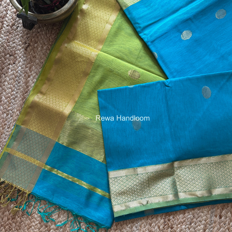 Ferozi Coin Butta Pallu Zari Border Saree ~ Maheshwari Saree SBS-022