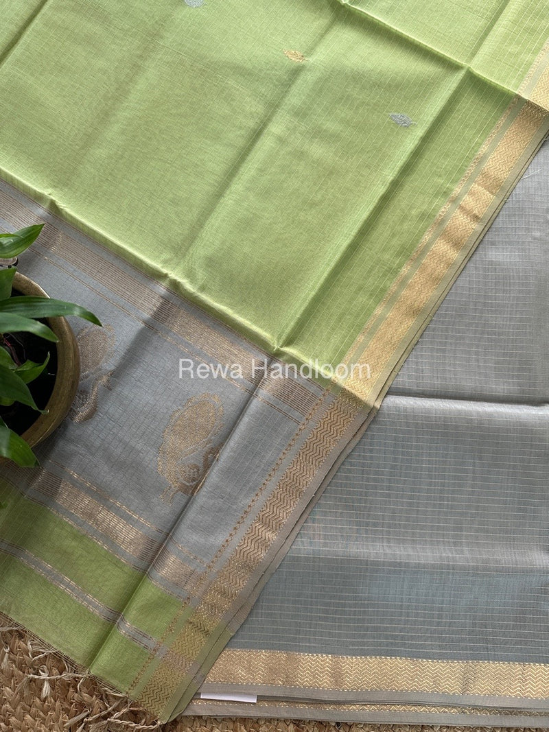 Maheshwari Grey-Pista Green Motifs Top-Dupatta Set MS0114