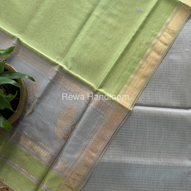 Maheshwari Grey-Pista Green Motifs Top-Dupatta Set MS0114