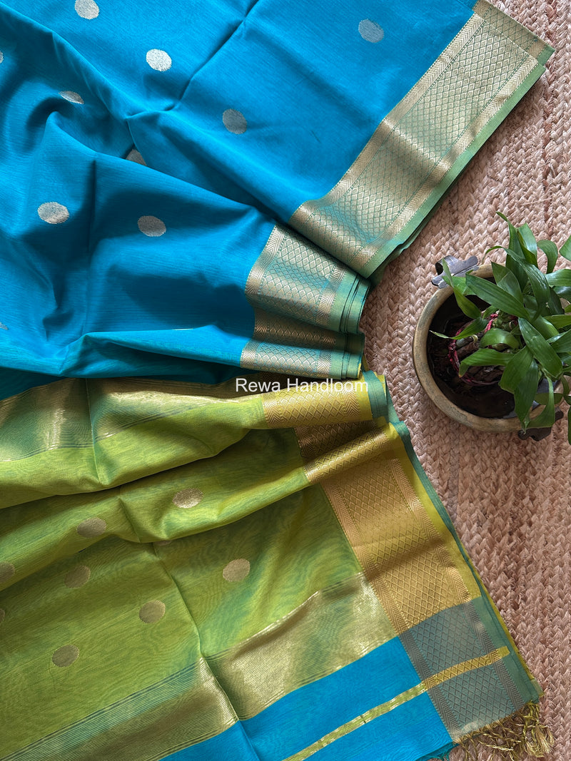 Ferozi Coin Butta Pallu Zari Border Saree ~ Maheshwari Saree SBS-022