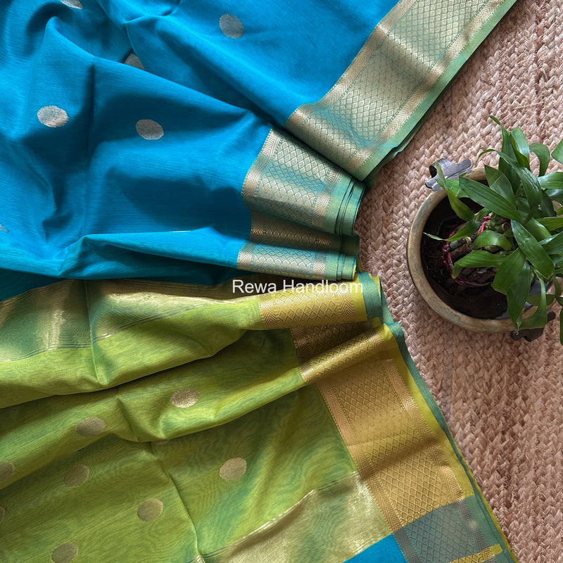 Ferozi Coin Butta Pallu Zari Border Saree ~ Maheshwari Saree SBS-022