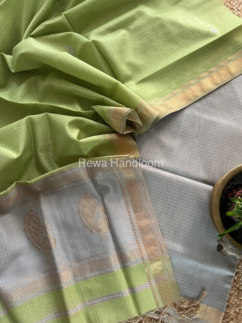 Maheshwari Grey-Pista Green Motifs Top-Dupatta Set MS0114