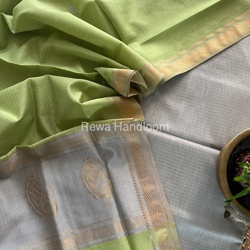 Maheshwari Grey-Pista Green Motifs Top-Dupatta Set MS0114