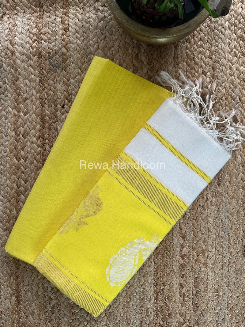 Maheshwari Lemon Yellow-Off White Peacock Buta-Buti Top-Dupatta Set MS08