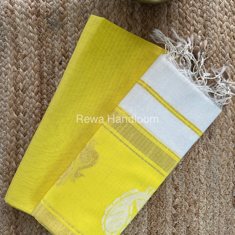 Maheshwari Lemon Yellow-Off White Peacock Buta-Buti Top-Dupatta Set MS08