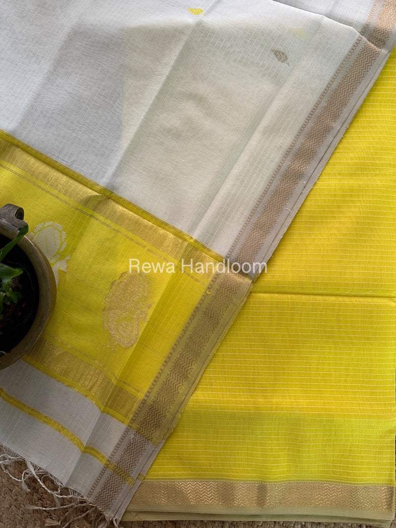 Maheshwari Lemon Yellow-Off White Peacock Buta-Buti Top-Dupatta Set MS08