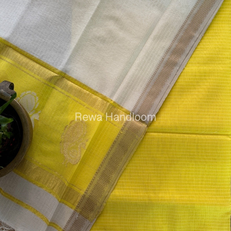 Maheshwari Lemon Yellow-Off White Peacock Buta-Buti Top-Dupatta Set MS08