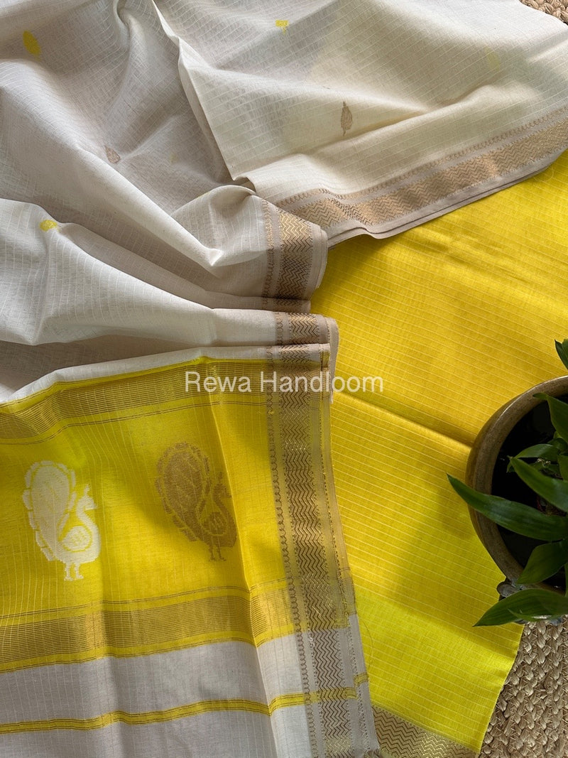 Maheshwari Lemon Yellow-Off White Peacock Buta-Buti Top-Dupatta Set MS08