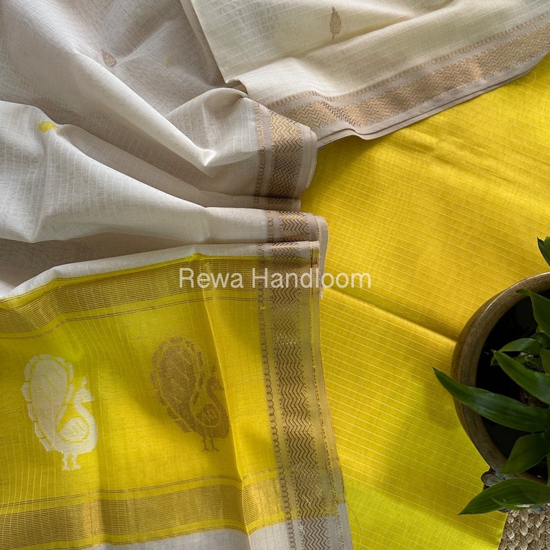 Maheshwari Lemon Yellow-Off White Peacock Buta-Buti Top-Dupatta Set MS08