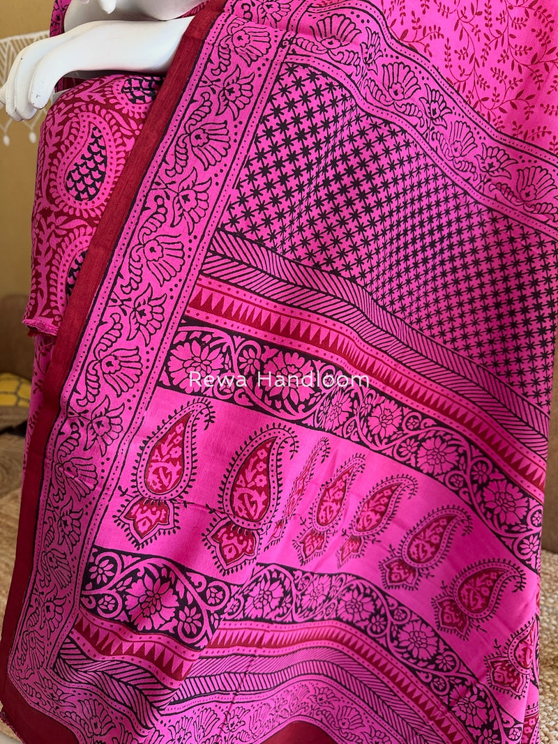 Fuchsia Pink-Black Bagh Print Cotton Suit BGCSJ0129