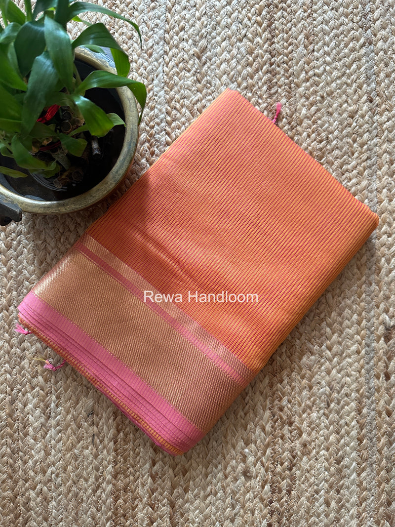 Exclusive Maheswari Self Checks Light Orange Saree MCS082