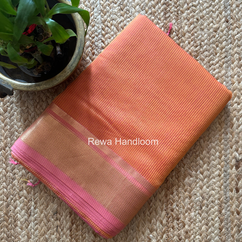 Exclusive Maheswari Self Checks Light Orange Saree MCS082