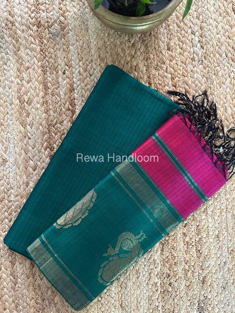 Maheshwari Green-Rani Pink Peacock Buta-Buti Top-Dupatta Set MS044