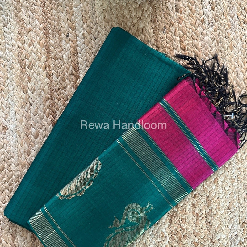 Maheshwari Green-Rani Pink Peacock Buta-Buti Top-Dupatta Set MS044