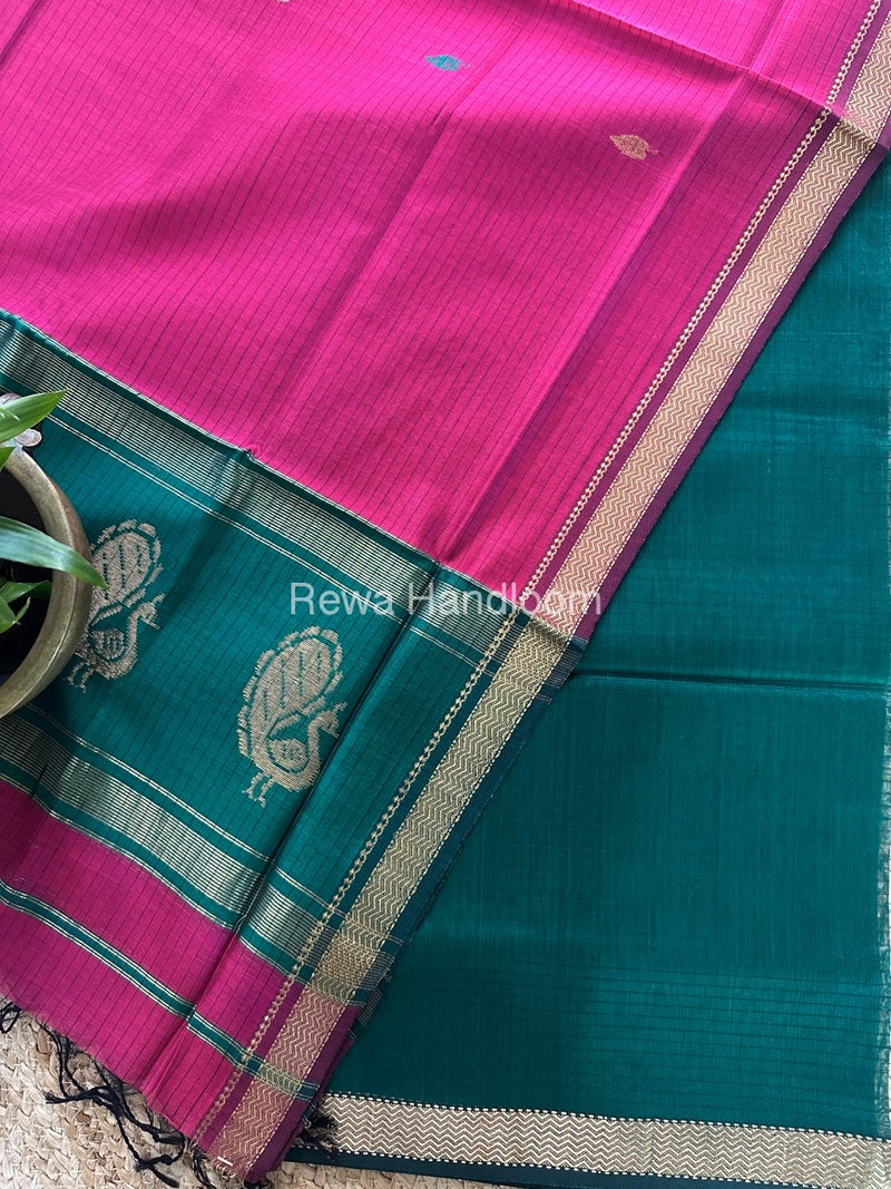 Maheshwari Green-Rani Pink Peacock Buta-Buti Top-Dupatta Set MS044
