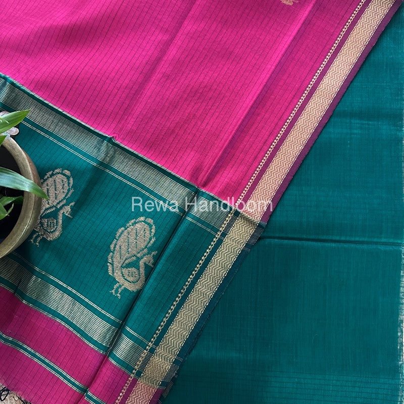 Maheshwari Green-Rani Pink Peacock Buta-Buti Top-Dupatta Set MS044