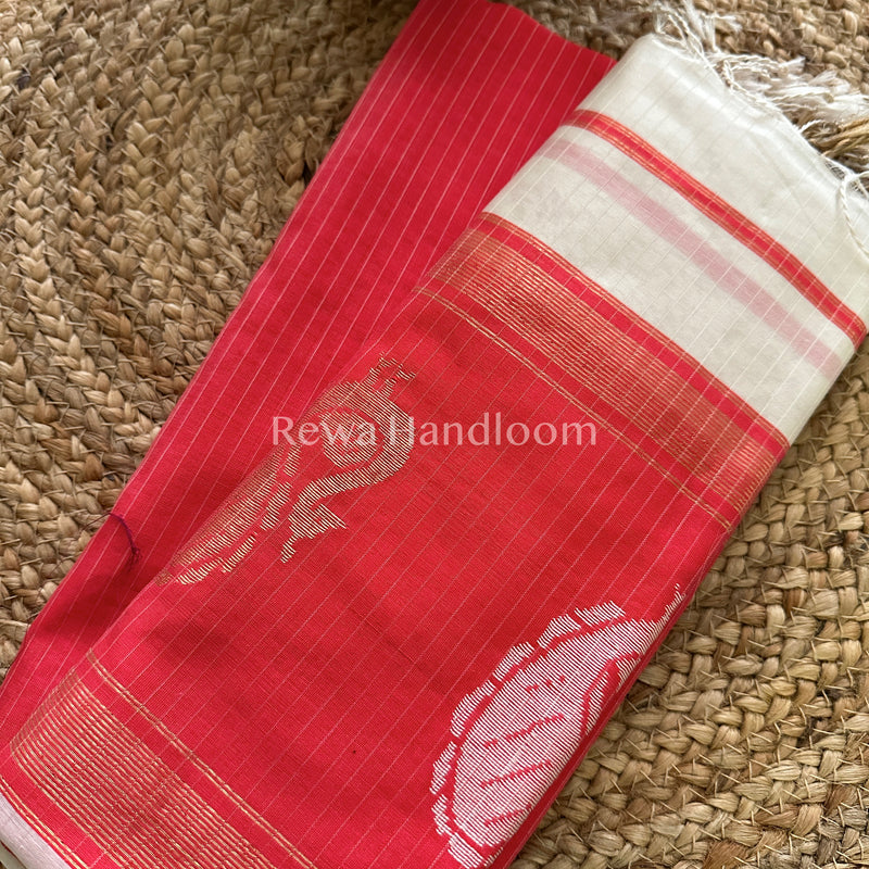 Maheshwari Fuchsia Red-White Peacock Buta-Buti Top-Dupatta Set-BTP011