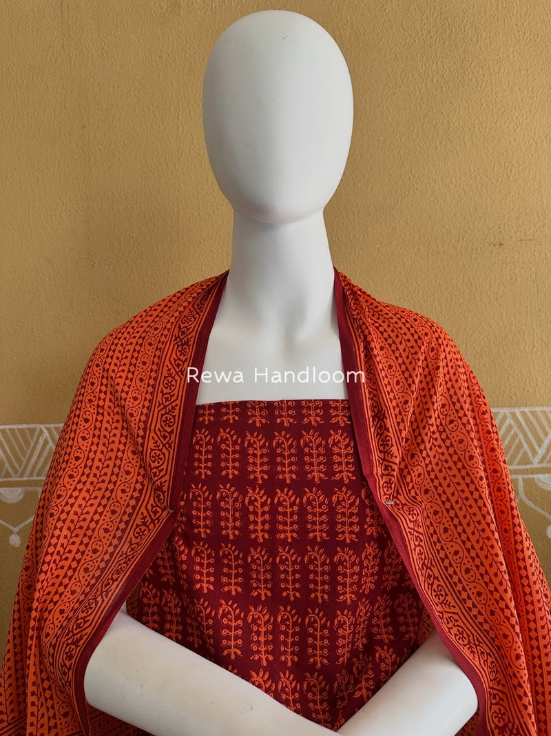 Maroon-Orange Bagh Print Cotton Suit BGCSJ0184