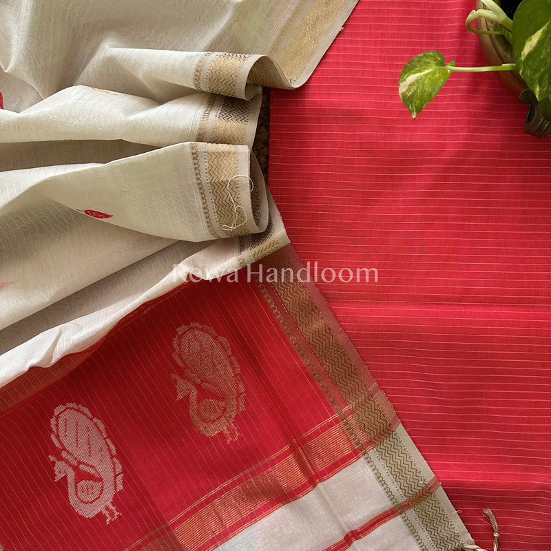 Maheshwari Fuchsia Red-White Peacock Buta-Buti Top-Dupatta Set-BTP011