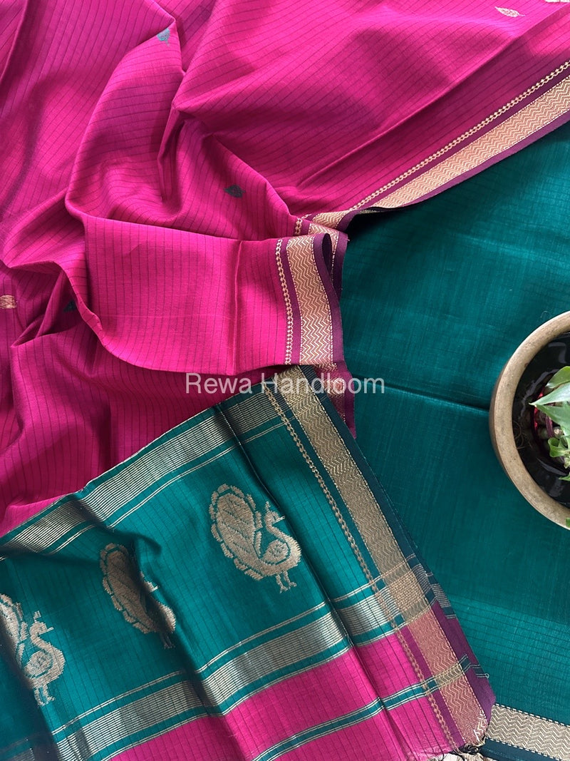 Maheshwari Green-Rani Pink Peacock Buta-Buti Top-Dupatta Set MS044