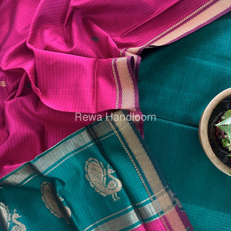 Maheshwari Green-Rani Pink Peacock Buta-Buti Top-Dupatta Set MS044