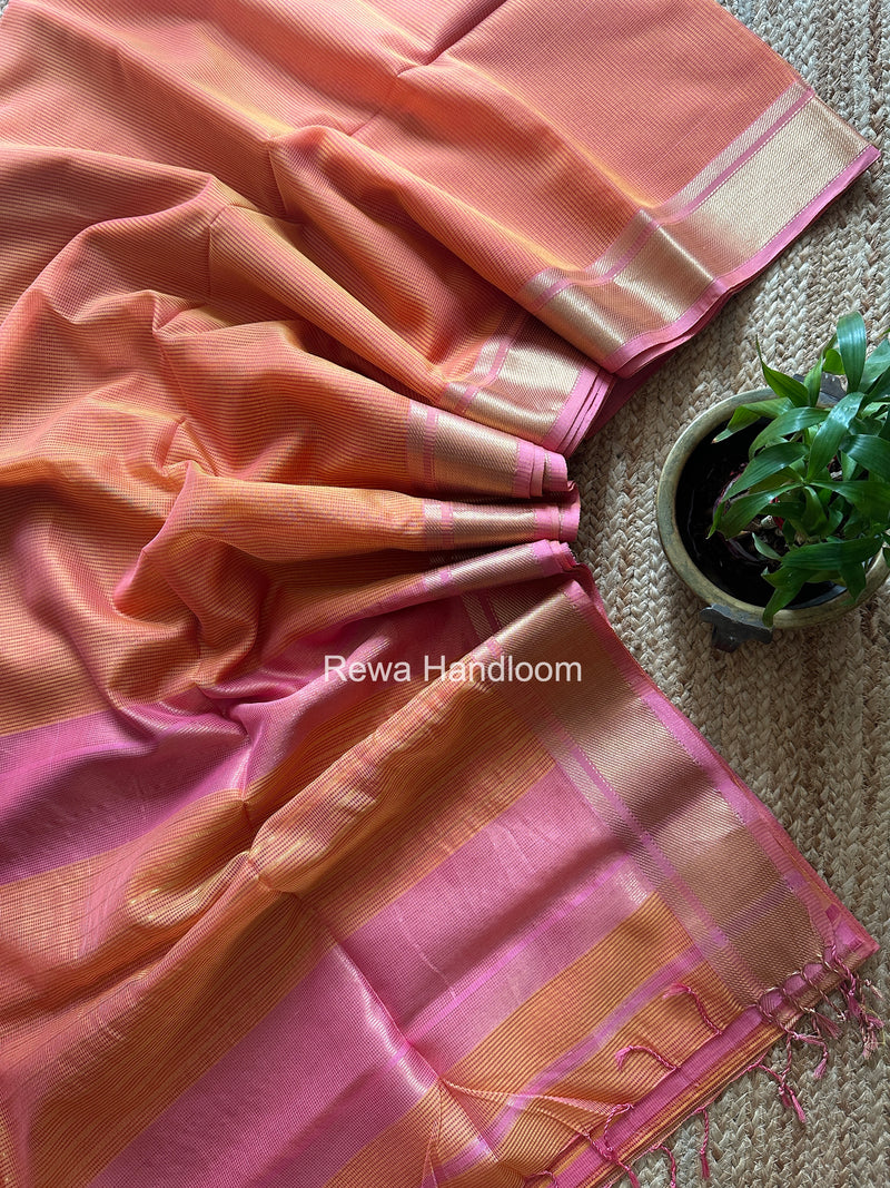 Exclusive Maheswari Self Checks Light Orange Saree MCS082