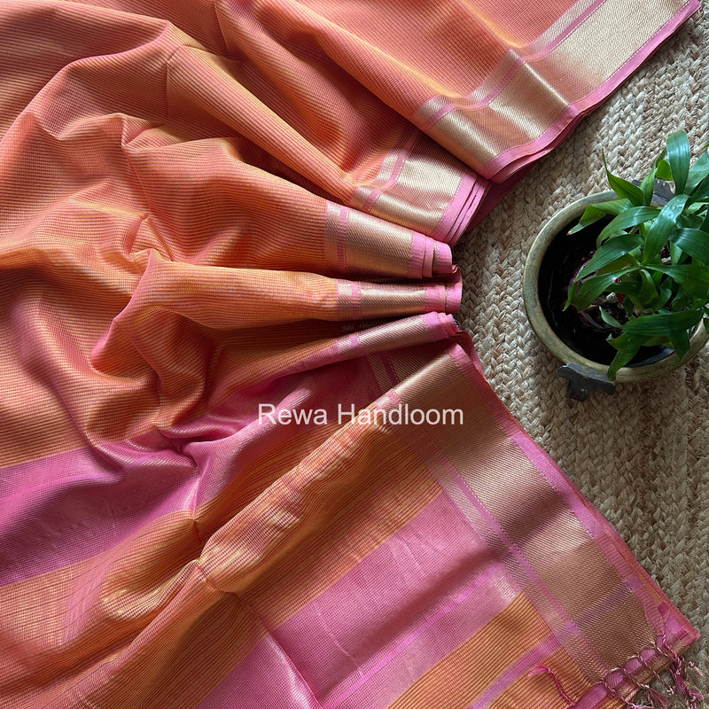 Exclusive Maheswari Self Checks Light Orange Saree MCS082