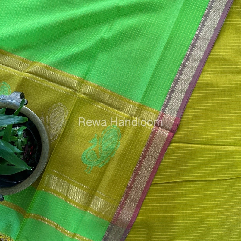 Maheshwari Mustard-Parrot Green Peacock Buta-Buti Top-Dupatta Set MS036