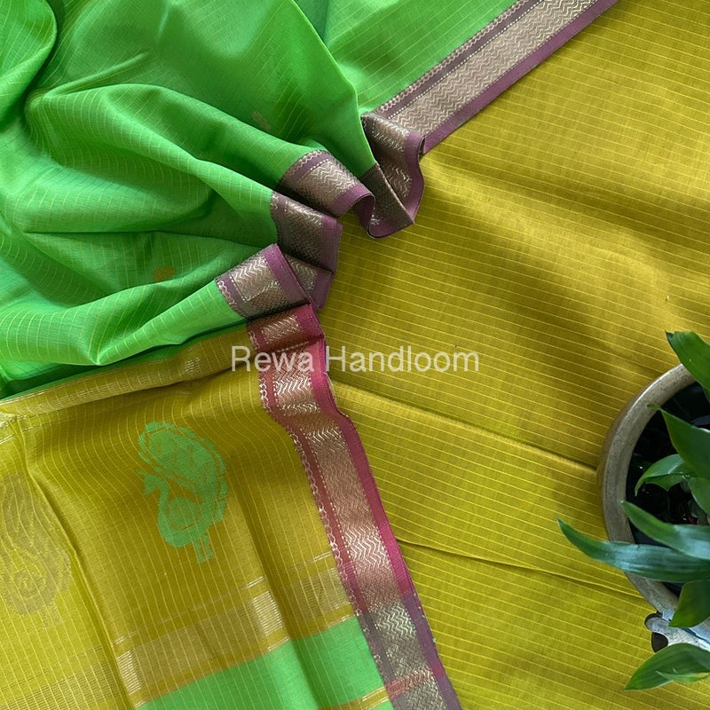 Maheshwari Mustard-Parrot Green Peacock Buta-Buti Top-Dupatta Set MS036